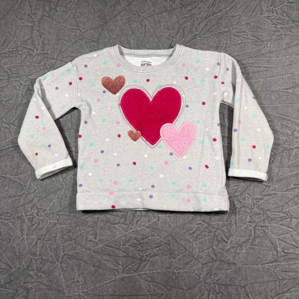 Jumping Beans Sweatshirt Girls 4 Gray Hearts Polka Dot Softest Fleece Pullover